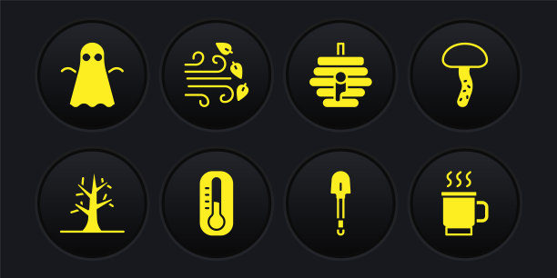 设置裸露的树，蘑菇，温度计，铲子，蜜蜂蜂巢，多风的天气，一杯茶和幽灵图标。向量图片下载