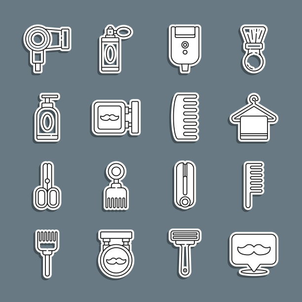 设置线理发店，发刷，毛巾在衣架，电动剃须刀刀片为男性，霜乳液化妆管，干衣机和图标。向量图片下载