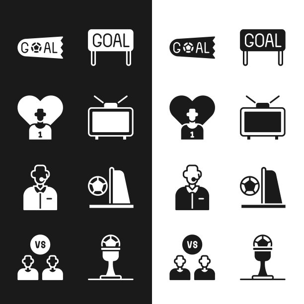在电视上设置足球比赛，或足球运动员，目标足球，评论员，目标与，奖项杯和图标。向量图片下载