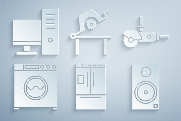 设置冰箱，角磨机，洗衣机，立体声扬声器，木工台锯和电脑显示器图标。向量图片下载