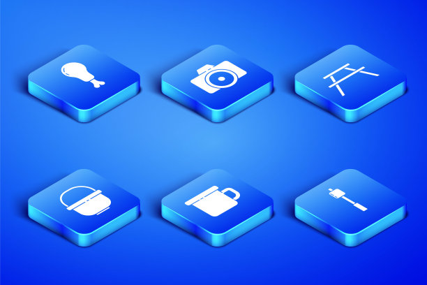 设置棉花糖棒，鸡腿，露营金属杯，锅，照片相机和野餐桌与长椅图标。向量图片下载