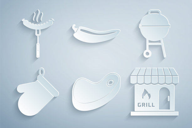 设置牛排肉，烧烤架，烤箱手套，购物大楼，热辣椒豆荚和香肠上的叉子图标。向量图片下载