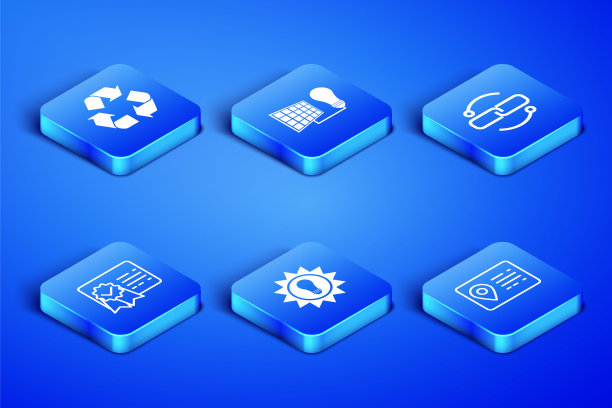 设置通讯录，回收符号，太阳能面板，证书模板，灯泡和链条线图标。向量图片下载