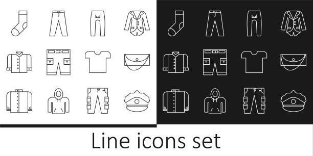 集行警察帽与帽徽，手拿包，裤子，短或裤子，t恤，袜子，和图标。向量图片下载