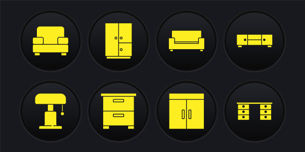 设置台灯，抽屉柜，家具床头柜，衣柜，沙发，办公桌和扶手椅图标。向量图片下载