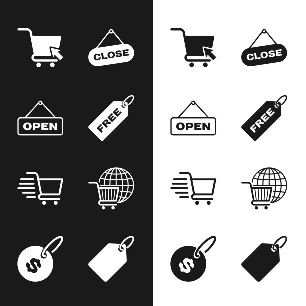 设置价格标签免费，悬挂标志开门，购物车光标，关闭，地球仪，标签模板价格和美元图标。向量图片下载