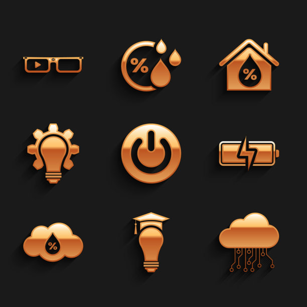 设置电源按钮、灯泡和毕业帽、物联网、电池、湿度、齿轮、室内湿度和智能眼镜图标。向量图片下载