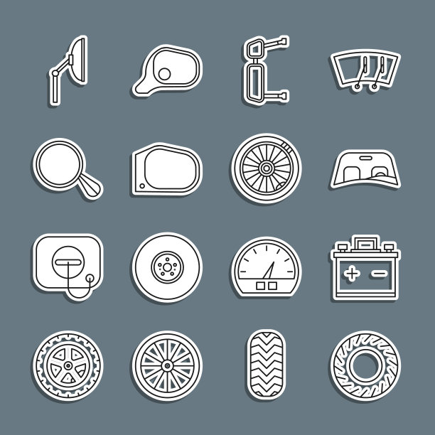 设置线汽车轮胎，电池，挡风玻璃，卡车侧镜，挡风玻璃雨刮器和车轮图标。向量图片下载