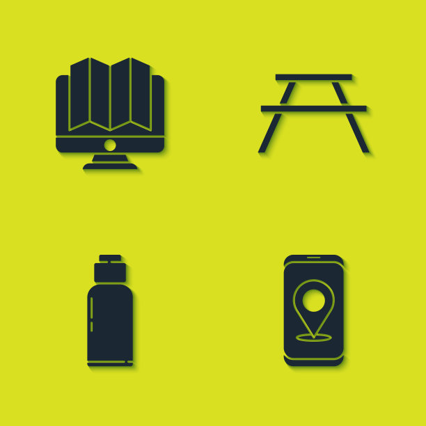 在监视器中设置森林的位置，城市地图导航，食堂水壶和带长凳图标的野餐桌。向量图片下载