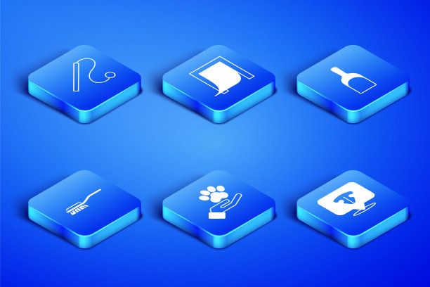 集猫鼻子，宠物猫玩具，手与动物足迹，狗的毛刷，门宠物和簸箕图标。向量图片下载