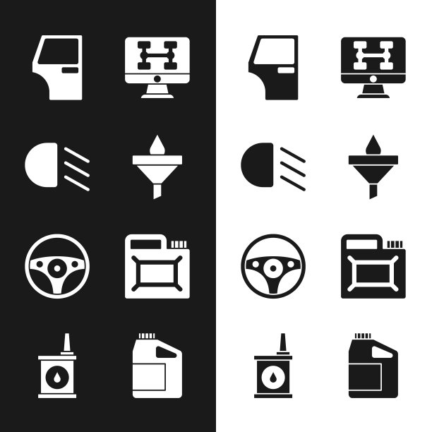 设置漏斗和油滴，高梁，车门，汽车诊断条件，方向盘，电机罐，图标。向量图片下载