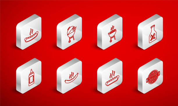 设置线烧烤烧烤香肠，烤羊肉串，番茄酱瓶，热狗三明治，香肠和芥末图标。向量图片下载