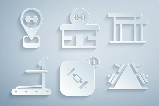 设置健身应用程序，高低杠，跑步机，带重量的金属架，健身房建筑和位置健身房图标。向量图片下载