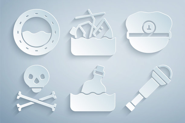 Set Bottle with message in water, Captain hat, Skull on crossbones, Spyglass telescope lens，沉没的游轮和船的舷窗图标。向量图片下载