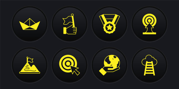 设置山脉与旗帜，目标箭头，手握地球地球仪，奖牌，楼梯完成和折叠纸船图标。向量图片下载