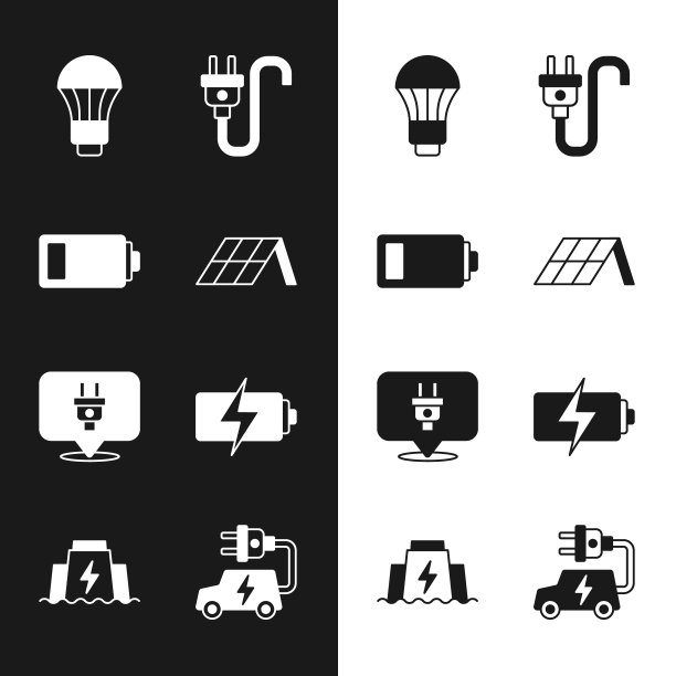 设置太阳能面板，电池，LED灯泡，电插头，汽车和水电站图标。向量图片下载