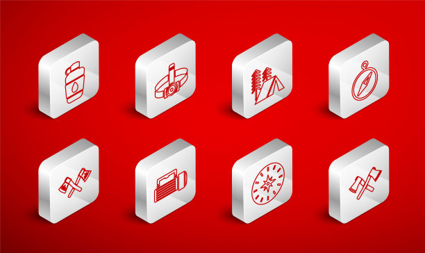 集线交叉木斧，头部手电筒，游客帐篷，指南针，水壶，手电筒和图标。向量图片下载