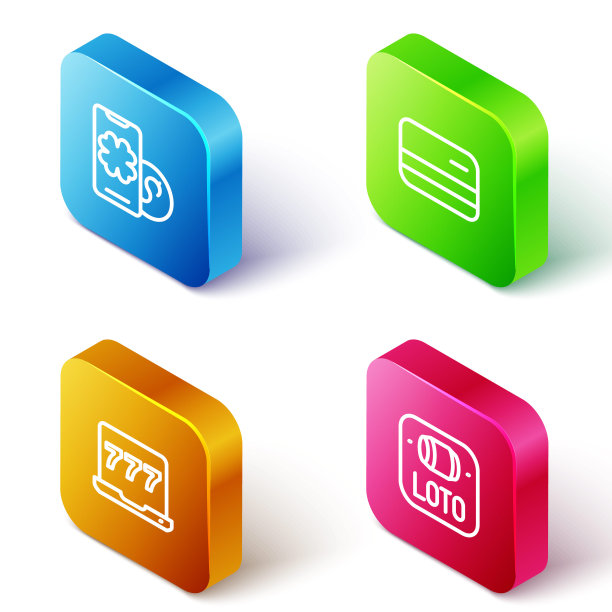 设置等距线在线扑克桌游戏，信用卡，笔记本电脑和老虎机和彩票图标。向量图片下载