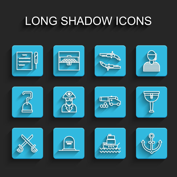 设定线交叉海盗剑，墓碑与RIP写，羽毛笔和卷轴，船，锚，海盗船长，木腿和大炮炮弹图标。向量图片下载