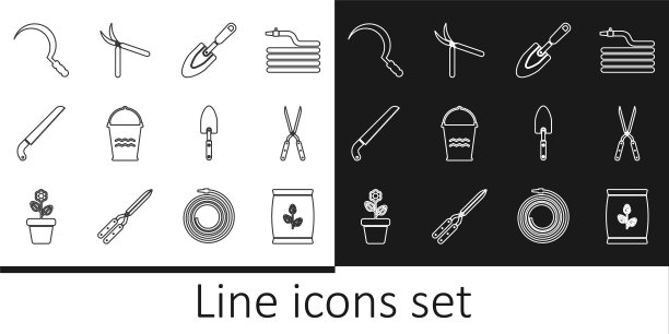 集线化肥袋，园艺手工剪刀，铲子铲子，水桶，锯，镰刀，和图标。向量图片下载