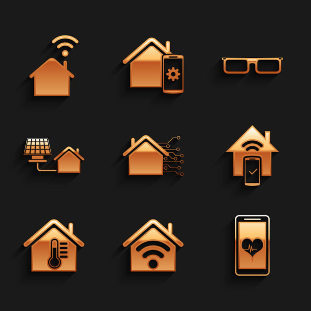 设置智能家居，具有wi-fi，移动心率，遥控系统，室内温度，太阳能电池板，眼镜和图标。向量图片下载