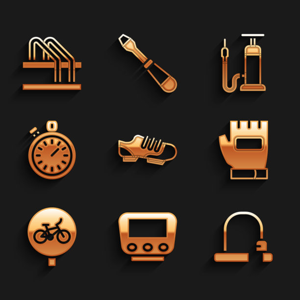 设置自行车鞋，速度计，锁，手套，秒表，气泵和停车图标。向量图片下载