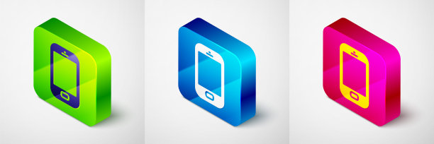 等距智能手机，手机图标孤立在灰色背景。方形按钮。向量图片下载