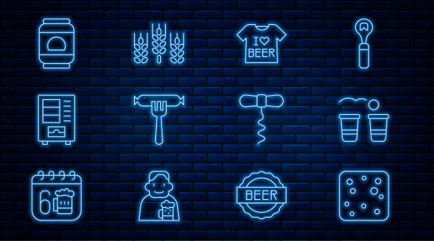 集线啤酒泡泡，乒乓球游戏，t恤，香肠叉，自动售货机，罐头，葡萄酒开瓶器和小麦图标。向量图片下载