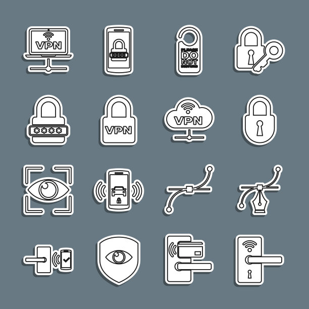 设置线数字门锁无线，贝塞尔曲线，锁，请勿打扰，VPN，密码保护，计算机网络和网络云连接图标。向量图片下载