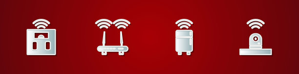 设置智能浴室秤，路由器和wi-fi信号，冰箱和安全摄像头图标。向量图片下载