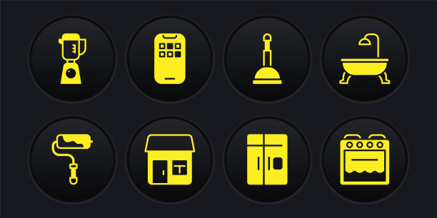 设置油漆滚筒刷，浴缸，房子，冰箱，橡胶柱塞，移动应用程序，烤箱和搅拌机图标。向量图片下载