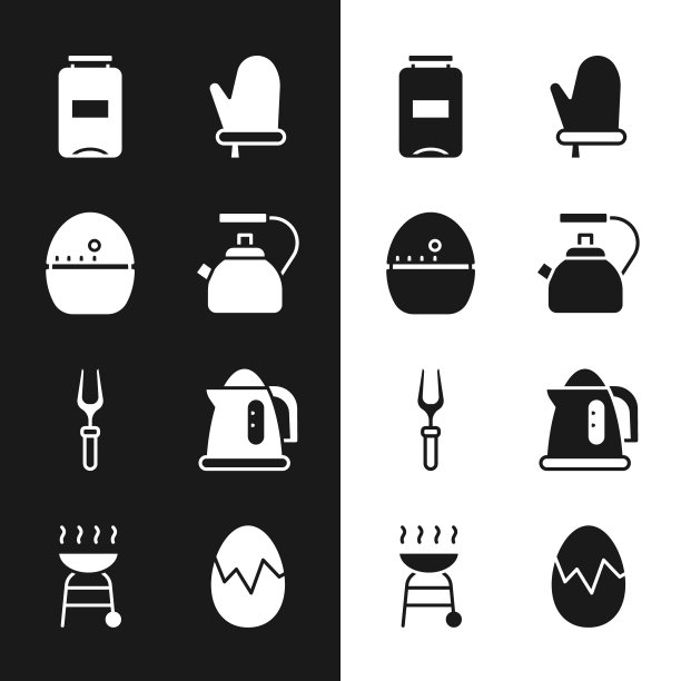设置水壶与手柄，厨房定时器，果酱罐，烤箱手套，烧烤叉，电水壶，破蛋和烧烤图标。向量图片下载