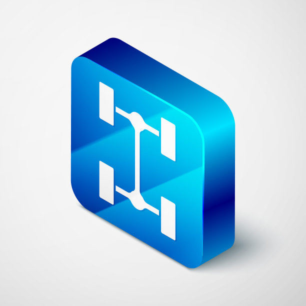 等距底盘汽车图标隔离在灰色背景。蓝色方框按钮。向量图片下载