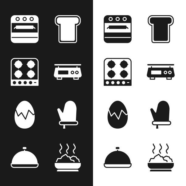 设置电子秤，煤气炉，烤箱，面包吐司，鸡蛋，手套，碗热汤和覆盖托盘食物图标。向量图片下载