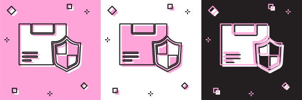 设置交付安全与盾图标隔离在粉红色和白色，黑色背景。交付保险。防护罩外的纸箱上了保险。向量图片下载