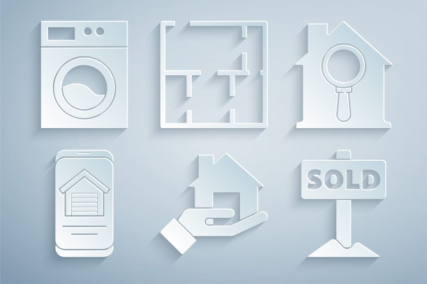 设置房地产经纪人，搜索房子，在线房地产，挂的文字出售标志，房子计划和洗衣机图标。向量图片下载