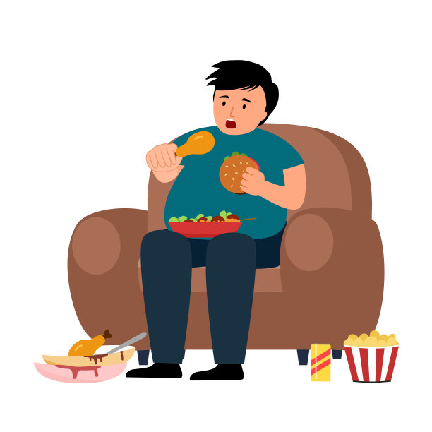 在白色背景上的平面设计中，饥饿的肥胖男子在家暴饮暴食。图片下载
