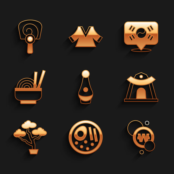 设置烧酒瓶，拉面，韩国元硬币，寺庙，盆景树，亚洲面碗，位置和手扇图标。向量图片下载