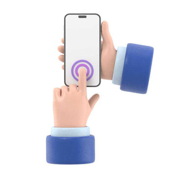 卡通手势图标模型。3d黑色皮肤的手触摸智能手机。使用手机的卡通图标或模型，白色背景的3D渲染。图片下载