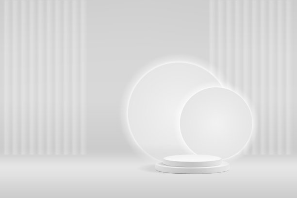 3d白色舞台与产品架。圆形灰色陈列柜为空的模型场景。浮雕纸背景图片下载
