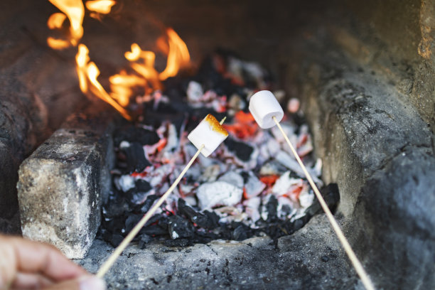 近距离的手拿棉花糖棒在火图片下载