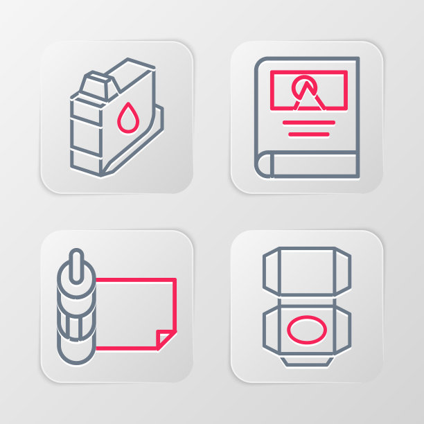 集线纸箱纸箱，卷纸，相册画廊和打印机墨盒图标。向量图片下载