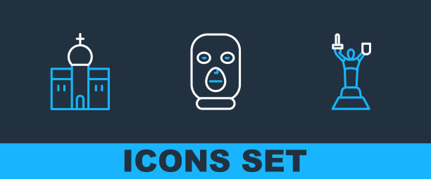 设定线母亲祖国纪念碑，教堂建筑和盗贼面具图标。向量图片下载