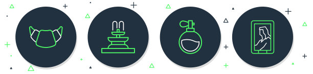 系列喷泉，香水，羊角面包和肖像博物馆图标。向量图片下载