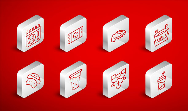 集线纸玻璃与水，棒球票，靴子，竞技场，球员胸部保护，日历棒球比赛，啤酒和热狗三明治的杯子图标。向量图片下载