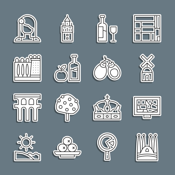 圣家堂，绘画艺术，风车，葡萄酒瓶，苹果酒，达利博物馆，西班牙女人和响板图标。向量图片下载