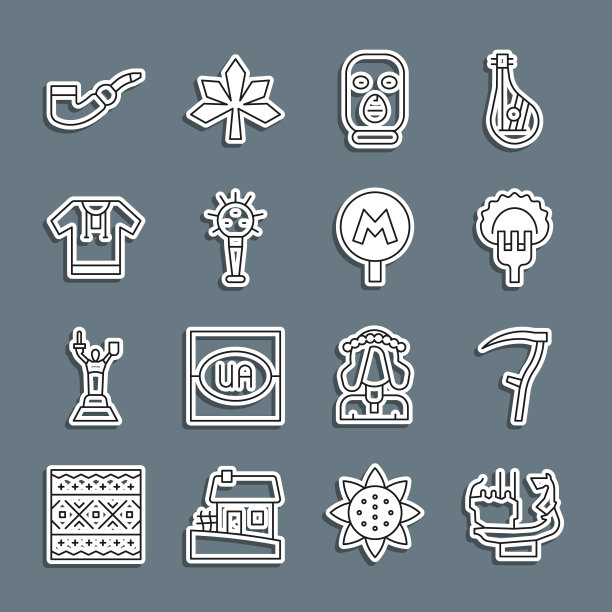 设置线纪念碑基辅的创始人，镰刀，饺子叉，小偷面具，狼牙棒，刺绣衬衫，吸烟烟斗和地铁地铁图标。向量图片下载