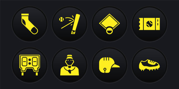 设置棒球机械记分牌，票，教练，头盔，场地，蝙蝠与，靴子和袜子图标。向量图片下载