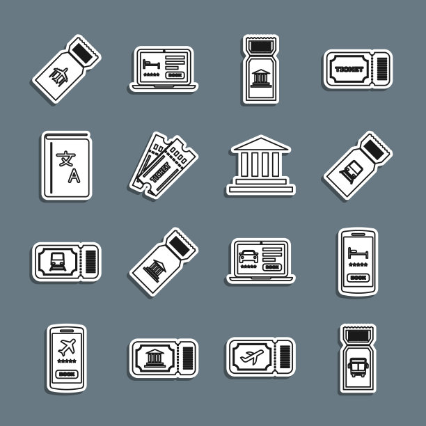 设置线路巴士票，在线酒店预订，火车，博物馆，门票，翻译，航空公司和建筑图标。向量图片下载