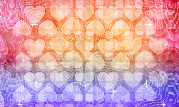 抽象的白色圆圈和星星，模糊心脏堆叠在渐变圆角矩形上模糊多色玫瑰花束背景，横幅，模板，卡片，图案，对象，复制空间图片下载